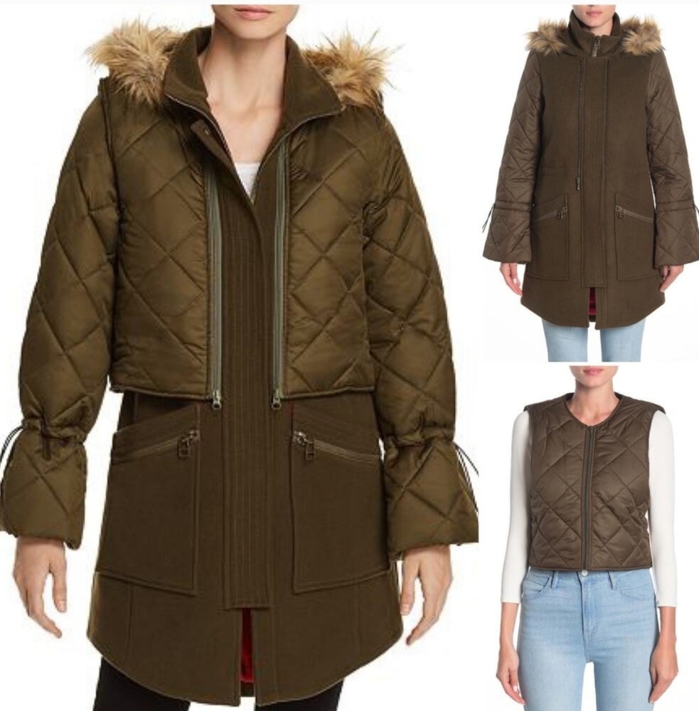 JOIE NWT OLIVE HETAL WOOL HOODED COAT WITH PUFFER VEST SIZE LARGE
